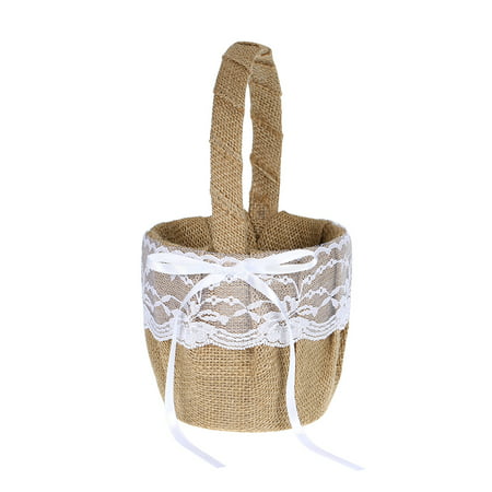 Hessian Burlap Wedding Flower Girl Basket with Lace Bowknots